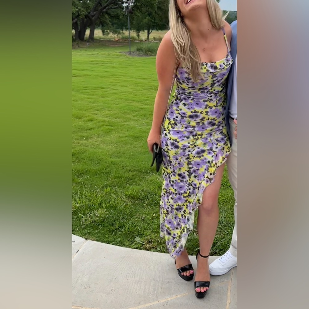 Purple & Yellow Floral Dress with Slit